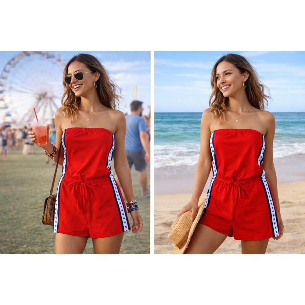 Patriotic Strapless Romper Red Star Stripe USA Summer Festival